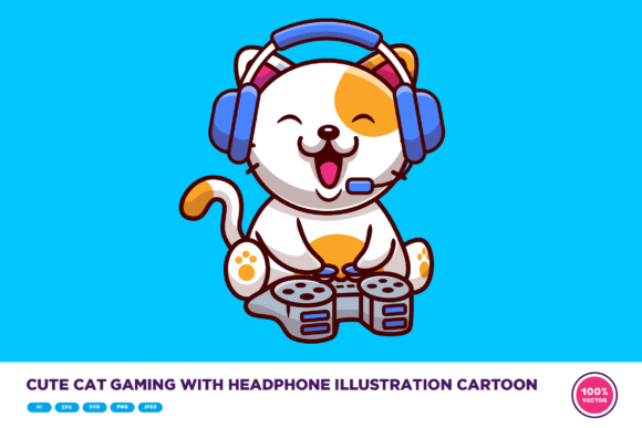 Cute Cat Gaming with Headphone Cartoon Graphics for Local Brands